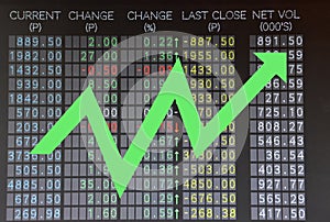 Trading board showing rising stocks with arrow