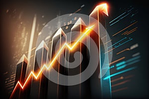 Trading business chart with arrow on dark colorful neon background. AI
