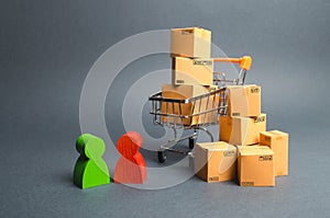 Trading car with boxes, a buyer and the seller, the manufacturer and the retailer. Business and commerce. Discussion of the terms