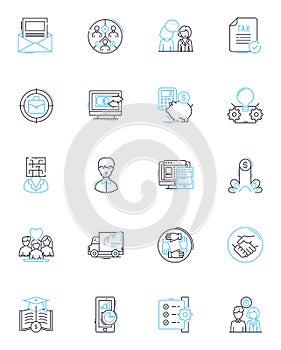 Trading company linear icons set. Importing, Exporting, Distribution, Trading, Supply, Logistics, Shipping line vector