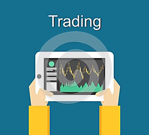 Trading concept illustration flat design. Monitoring trade on gadget.