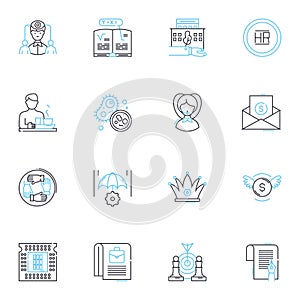 Trading establishment linear icons set. Trading, Stocks, Currencies, Commodity, Futures, Investments, Options line