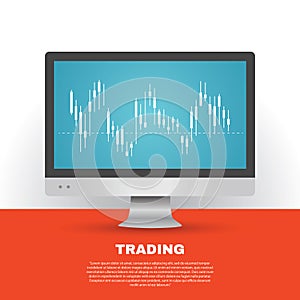 Trading flat illustration. Japanese candlestick analysis. Financial investment. Monitor on a table. Design element for your busine