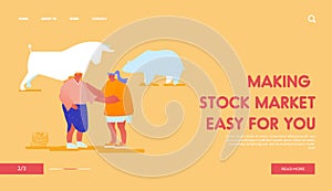 Trading, Fund Stock Market Exchange Landing Page Template. Businesswomen Communicating front of Bull and Bear