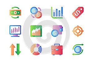Trading icons set in color flat design. Pack of money, investment, profit, exchange, data analysis, dollar, forex, wallet, target