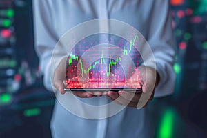Trading insights Hologram candlestick chart on a phone in hand