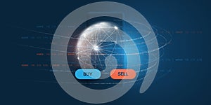 Trading and Investment on Mobile Devices - Fintech Concept with Mobile Phone, Diagram and Flowing Binary Data Around Earth Globe