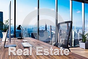 Trading; office chair in front of modern workspace with computer and skyline view; real estate concept; 3D Illustration