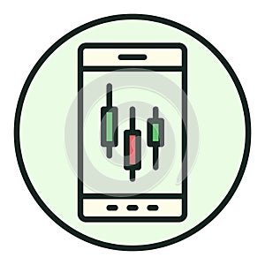 Trading on Phone vector Candlestick Chart on Screen round colored icon or sign