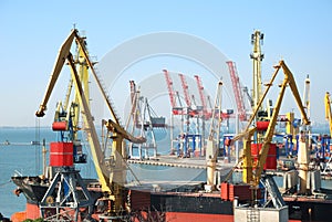 The trading seaport with cranes, cargoes and ship