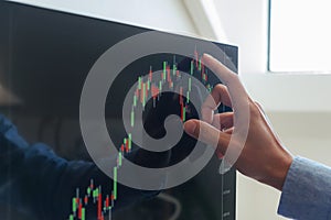 Trading on the table is working on a computer screen full of charts and data analysis and stock trading through online brokers