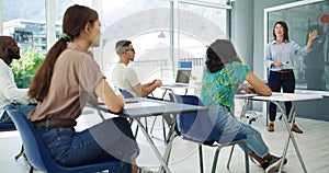 Trading in wasted time. Shot of students in classroom having a discussion with the professor at university.