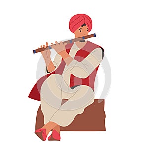 Tradition, Art, Culture and Music of India Concept. Indian Street Musician Character Playing Traditional Music on Flute