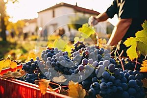 Tradition and hard work in wine making, with grape pickers carefully selecting the finest grapes at autumn. AI Generated