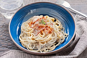 Tradition Italian food pasta carbonara, Spaghetti with bacon, ha