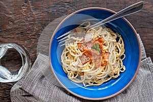 Tradition Italian food pasta carbonara, Spaghetti with bacon, ham and parmesan cheese.