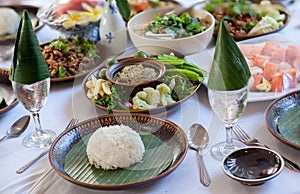 Tradition Northern Thai food. on a wooden table, Set of Thai food popular menu.