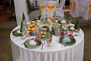 Tradition Northern Thai food. on a wooden table, Set of Thai food popular menu.