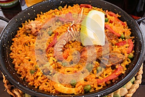 Tradition Seafood Spanish Paella in Pan, this is a typical spanish dish