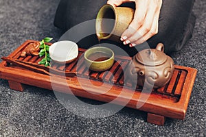 Traditional accessories for tea ceremony, black tea, green tea, oolong, puer, and chaban. Oriental beveradges.