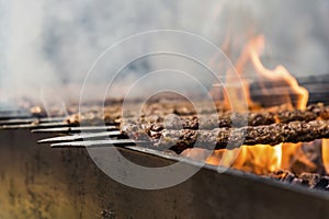Traditional Adana kebab grilled on a bbq with orange coloured flame and smokes, close up, outdoor