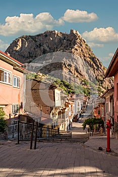 Traditional Afyonkarahisar houses and Afyon Castle in Afyonkarahisar Turkey