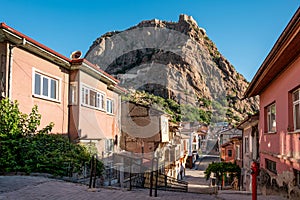 Traditional Afyonkarahisar houses and Afyon Castle in Afyonkarahisar Turkey