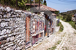 Traditional Albanian carpets for sale near the fortress in Berat. Albania, Berat