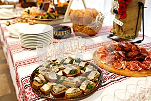 Traditional alcohol and appetizer on wedding table