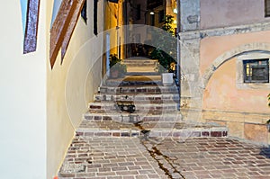 Traditional Alleys with Stairs in the Old Historic Town of Chania, Crete, Greece. Beautiful Streets at Night.