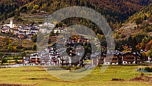 Traditional alpine houses in mountains, Dolomites Mountains, Italy