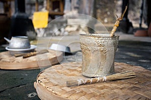 Traditional aluminum kettle for ceremonies in the temple