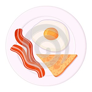 Traditional american breakfast fried eggs with baon ant toast on the plate.Restaurant brunch menu concept.