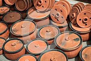 Traditional Anatolian clay pottery sold for sale in a shop at bazaar in Istanbul,