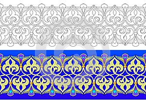 Traditional ancient Arabic border design. Seamless pattern ornament. Color and black and white template set. Print for fabric,