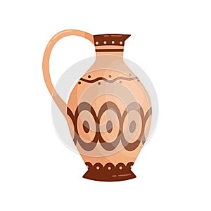 Traditional antique greek jug with handle vector flat illustration. Colorful clay vase, crockery or drinkware decorated