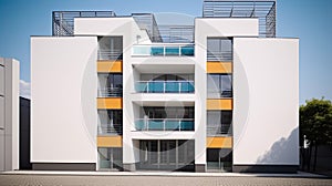 Traditional apartment building in mediterranian - exterior. Bright yellow and white facade with tall windows and long
