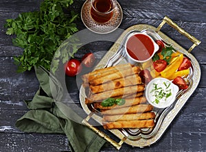 traditional appetizer borek with sauces