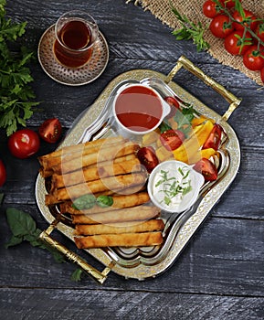 traditional appetizer borek with sauces