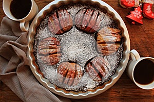 Traditional apple pie, fruit dessert, tart on wooden rustic table. Top view, christmas background