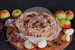 Traditional apple pie with spices on the brown wooden board. Apple pie decorated with sliced fresh apples, carob pods and cinnamon
