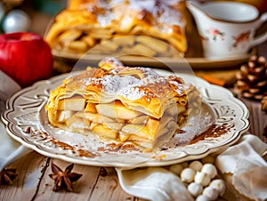 Traditional Apple Strudel Dusten with Powdered Sugar and Cinnamon