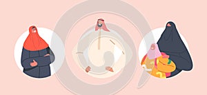 Traditional Arab Family Characters Avatars Isolated Round Icons. Parents and Children Saudi People Wear National Clothes