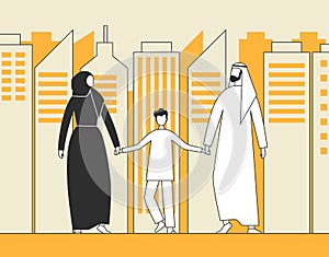 Traditional Arab family, Muslim man, woman and child walking on the background of city skyscrapers. Flat vector illustration