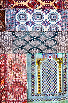 traditional Arab Uzbek carpets at oriental bazaar in Tashkent in Uzbekistan in close-up