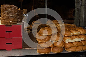 Traditional arabian bagels, Sabbat bread and passover matzah in street market in Jerusalem