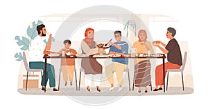 Traditional Arabic big family having dinner together vector flat illustration. National muslim relatives eating and