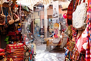 Traditional arabic busy and colorful bazaar market in Marrakesh, Morocco, Africa