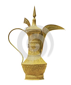 Traditional arabic coffee maker golden color on white background.