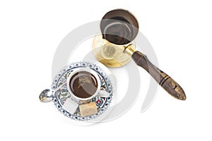 Traditional Arabic Coffee Mug and Coffee Cup, Turkish Coffee isolated on white